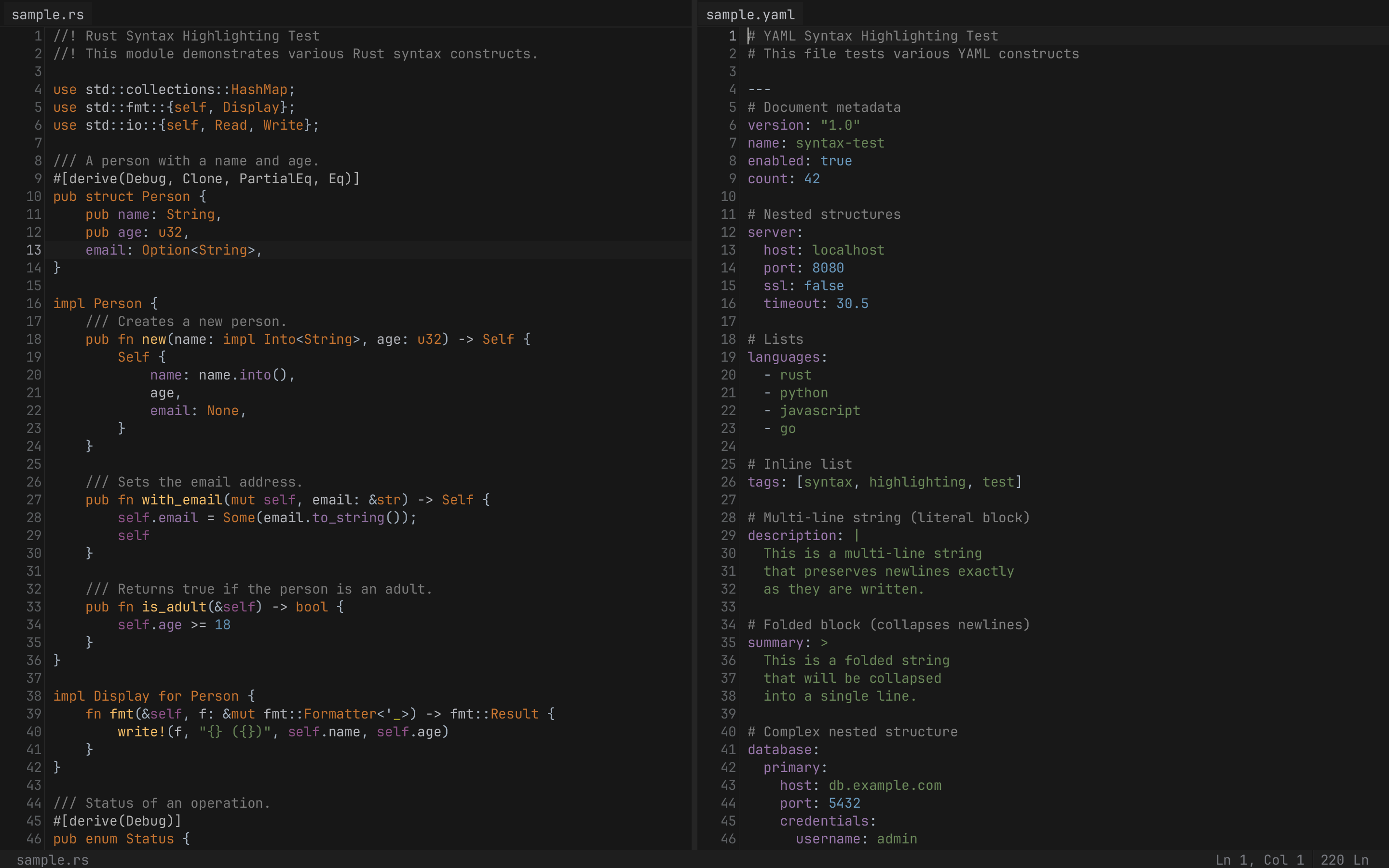 Token editor showing Rust code with multi-cursor editing and split views