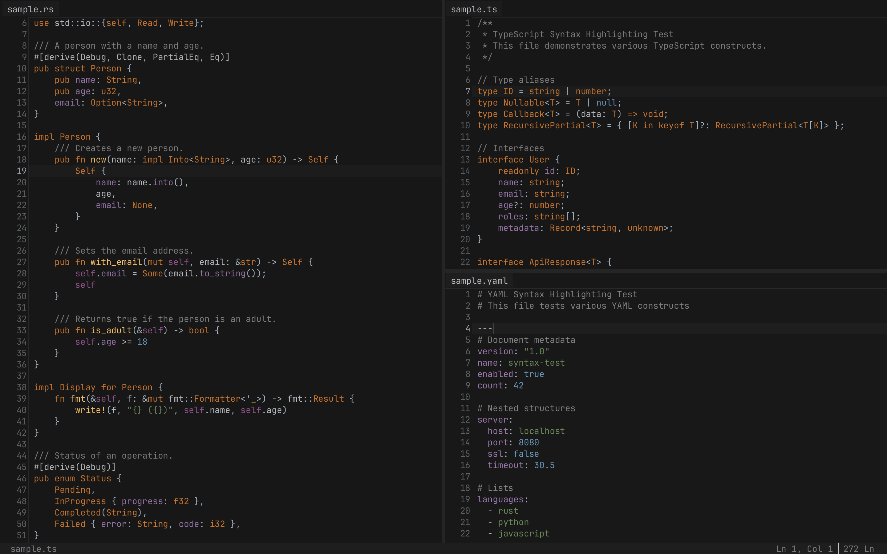Mixed Splits — Rust, TypeScript, YAML